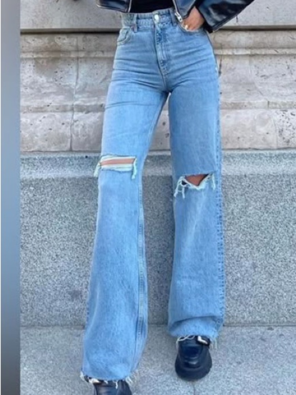 ZARA Busted Knees Blue High-Waist Full Length Jeans 34” inseam